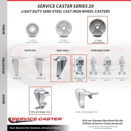 Service Caster Semi Steel Swivel TS Caster w/Roller Bearing-5" Wheels&1/2" Stems-2 w/BRK, 4PK SCC-TS20S515-SSR-121315-2-TLB-2